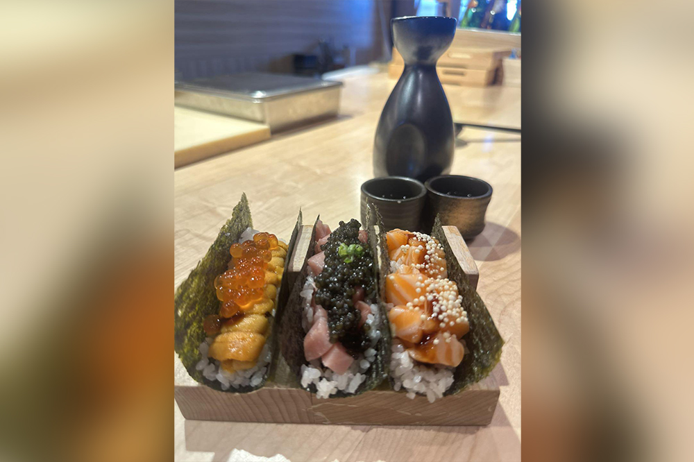 Premium hand roll trio with uni salmon and caviar